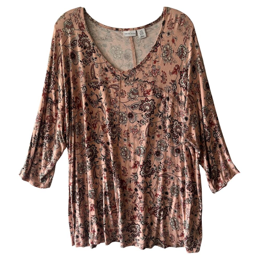 Tabitha Webb Knit Top Womens Size 2X Pink Paisley Floral V-Neck 3/4 Sleeve ee - Picture 2 of 8